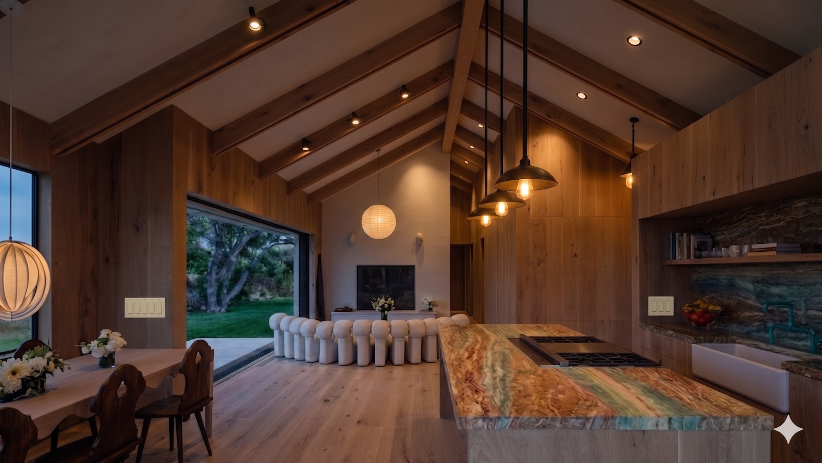 Kitchen at dusk with the existing multi-gang toggle switch stack on the wood wall; pendants and downlights on, no layered lighting.